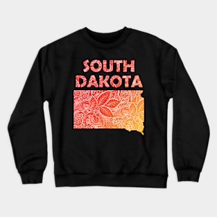Colorful mandala art map of South Dakota with text in red and orange Crewneck Sweatshirt